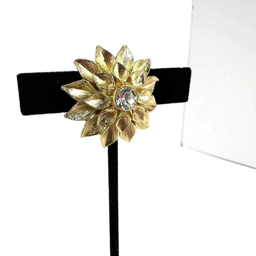Vintage Gold Tone Layered Flower Brooch with Clear Rhinestone Center 1.75 Inch